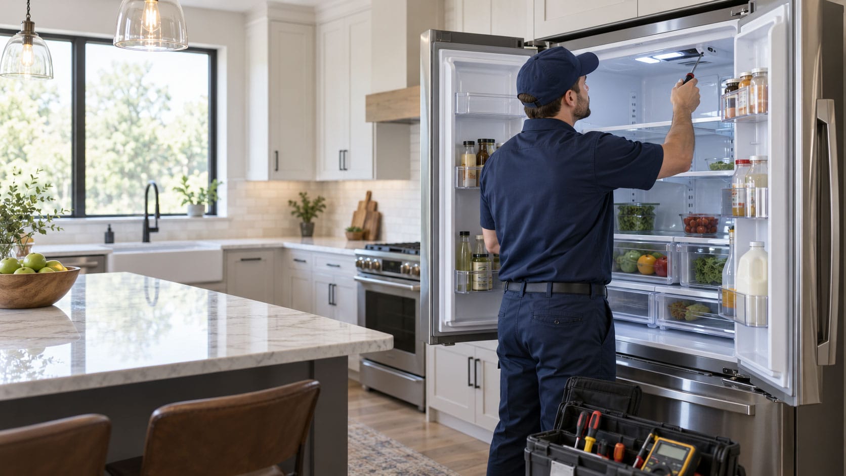 man fixing freezer
