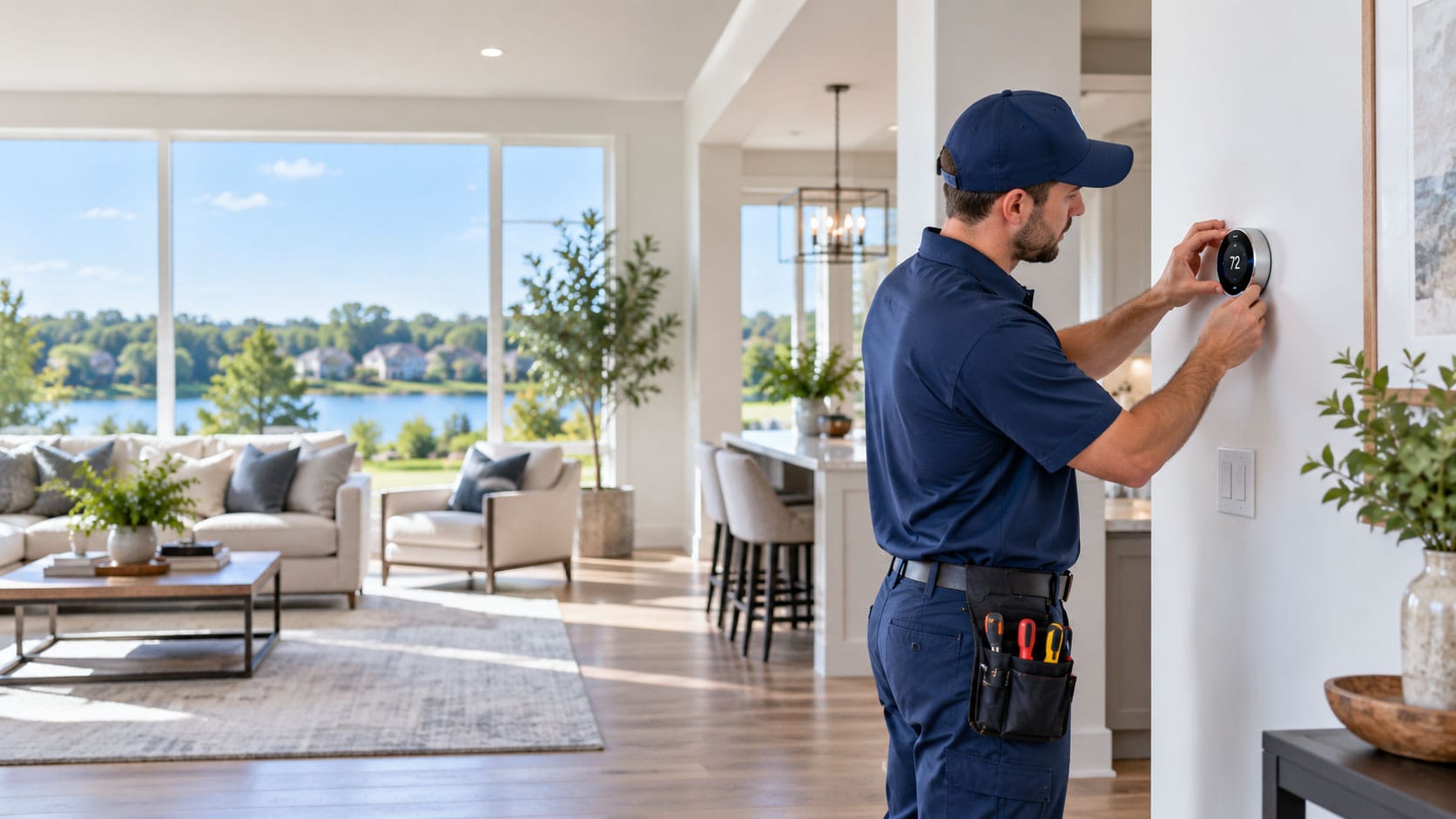 man adjusting thermostat